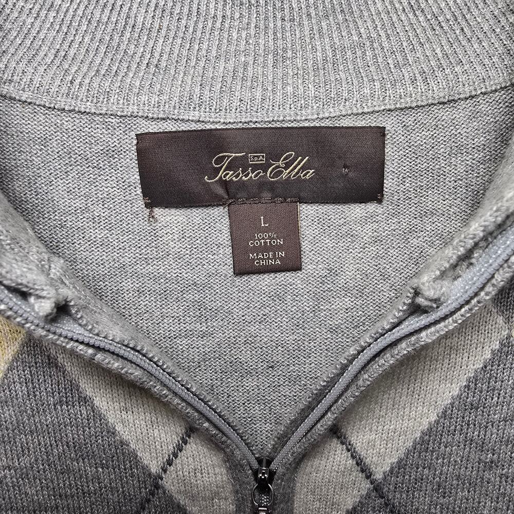 Tasso Elba Men's Argyle Sweater 1/4 Zip Gray Yellow Cotton Mens Size Large - Picture 5 of 7